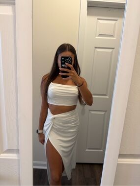 White Set Ruched High-Slit Midi Skirt and Tank Vacation Set